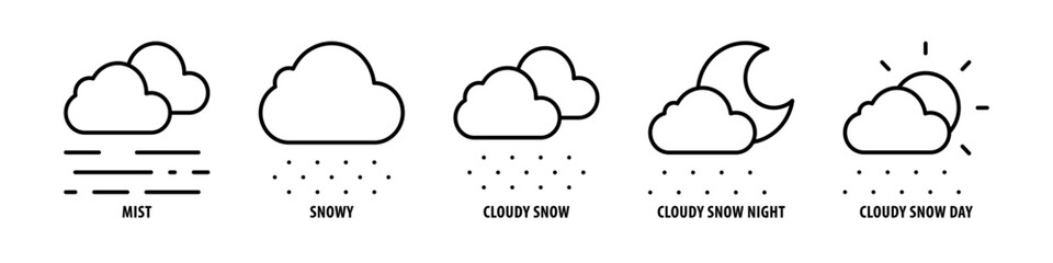 Cloudy Snow Day, Cloudy Snow Night, Cloudy Snow, Snowy, Mist editable stroke outline icons set isolated on white background flat vector illustration.