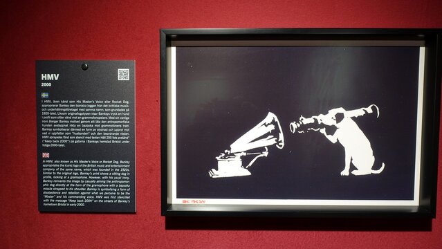 Stockholm, Sweden, December 29 2023. Art exhibition. The mystery of Banksy A genius mind. Gramophone.