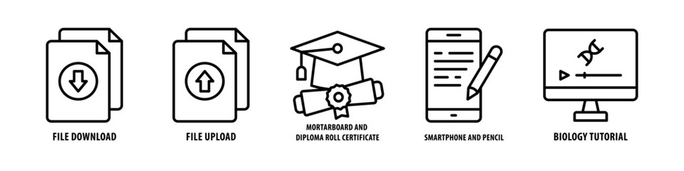 Biology Tutorial, Smartphone and Pencil, Mortarboard and Diploma Roll, Certificate, File Upload, File Download editable stroke outline icons set isolated on white background flat vector illustration.