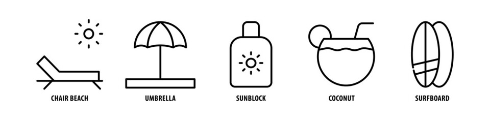 Surfboard, Coconut, Sunblock, Umbrella, Chair Beach editable stroke outline icons set isolated on white background flat vector illustration. - obrazy, fototapety, plakaty