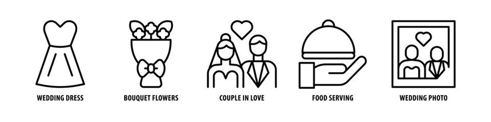 Fototapeta premium Wedding Photo, Food Serving, Couple in Love, Bouquet flowers, Wedding Dress editable stroke outline icons set isolated on white background flat vector illustration.
