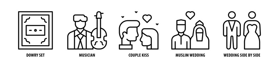 Wedding Side by Side, Muslim Wedding, Couple Kiss, Musician, Dowry Set editable stroke outline icons set isolated on white background flat vector illustration.