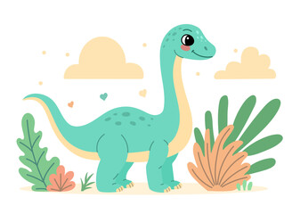 Cute dinosaur brontosaurus flat illustration of cheerful prehistoric character