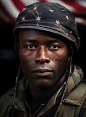 Brave serious african-american soldier wear soldier captain uniform with the bokeh background of US flag