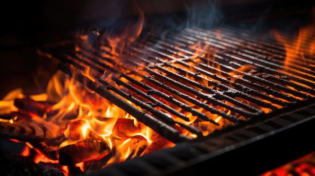 Empty flaming grill grates with open fire, ready for product placement. Background for grilled food with fire.