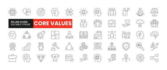 Set of 50 Core Values line icons set. Core Values outline icons with editable stroke collection. Includes Vision, Empathy, Honesty, Social Responsibility, Charity, and More.