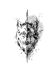 Vector illustration of wolf in black and white style - obrazy, fototapety, plakaty