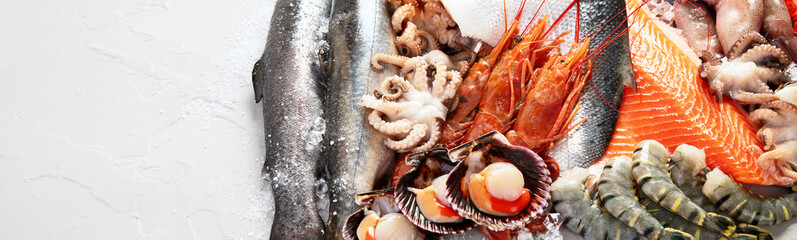 Fresh fish and seafood arrangement. Fresh lobster, mussels, oysters as an ocean gourmet dinner.