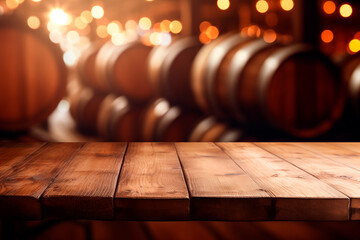 empty wooden table in front blurred wine cellar in the background. winery and beverage concept, background for product display - obrazy, fototapety, plakaty