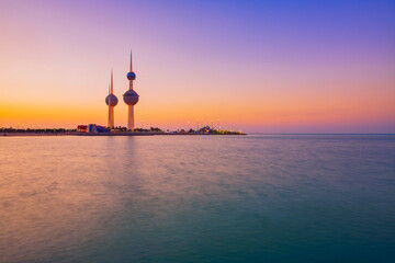 .View of the Kuwait skyline - with the best known landmark of Kuwait City - during sunset..
