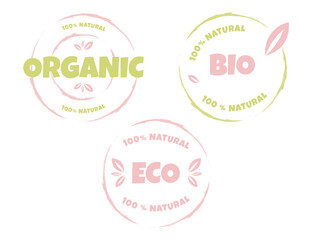 Eco, bio, organic and natural products sticker, label, badge and logo. Ecology set of icons. Logo template with green leaves for organic and eco friendly products. Vector illustration