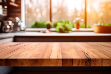 Empty wooden table in front kitchen  background, product display