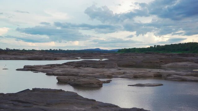 View of Sam Phan Bok, a group of sandstone in the Mekong River, in Ubon Ratchathani, Thailand.