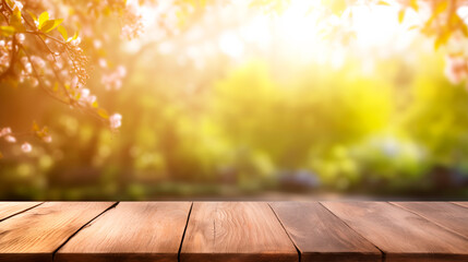 Naklejka na ściany i meble Product display Empty wooden table in front spring nature bokeh background