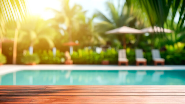 Empty wooden table in front pool bar background, product display montage.