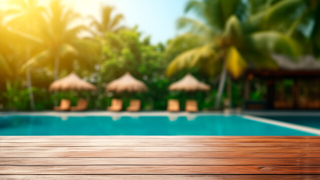 Empty wooden table in front pool bar background, product display montage.