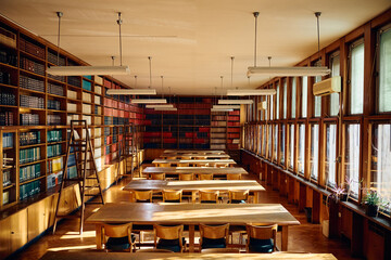 Obraz premium Library with bookshelves, tables, chairs and no people.