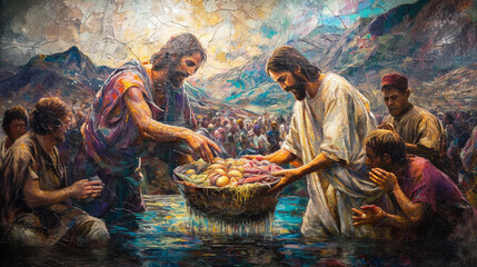 Miraculous Feeding of the 5,000:  A visual representation of Jesus multiplying loaves and fishes to feed the multitude, illustrating divine compassion and abundance