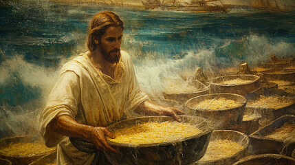 Miraculous Feeding of the 5,000:  A visual representation of Jesus multiplying loaves and fishes to feed the multitude, illustrating divine compassion and abundance - obrazy, fototapety, plakaty
