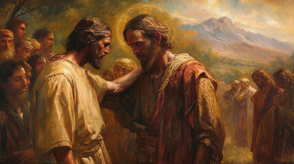 Healing the Blind Man:  A touching depiction of Jesus healing a blind man, showcasing compassion and the transformative power of faith - obrazy, fototapety, plakaty