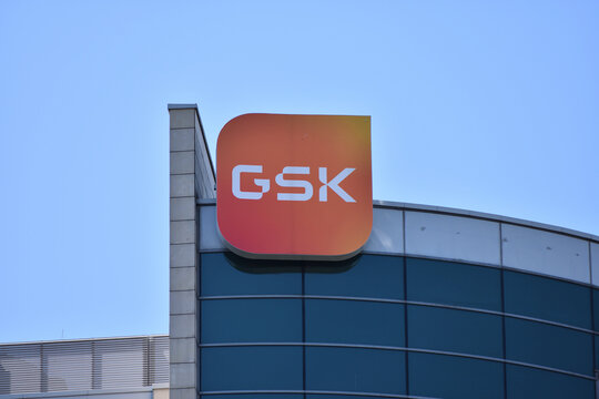 GSK company office with signage, logo, emblem on the facade, British multinational pharmaceutical and biotechnology company. WARSAW, POLAND - JUNE 3, 2023