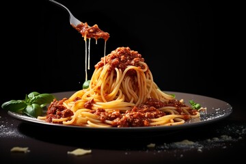 Fresh pasta with hearty Bolognese and parmesan cheese on table cinematic pasta close up 