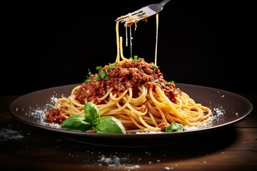 Fresh pasta with hearty Bolognese and parmesan cheese on table cinematic pasta close up 