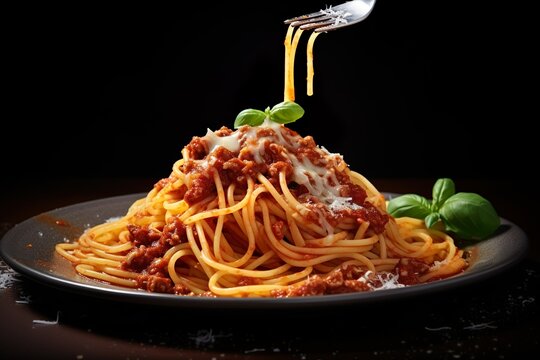 Fresh pasta with hearty Bolognese and parmesan cheese on table cinematic pasta close up 