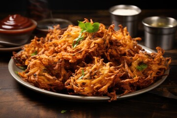 Crispy kanda pakora, kanda bhaji or onion fritters. A road side snack served with red garlic chutney. favourite monsoon snack in India