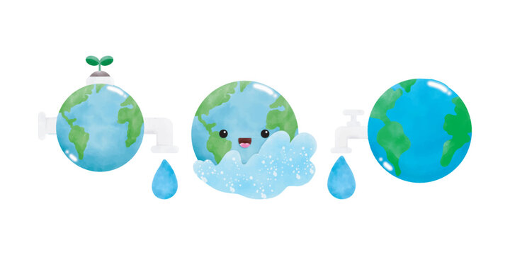 set of World water day illustration save the water watercolor isolated vector on white background