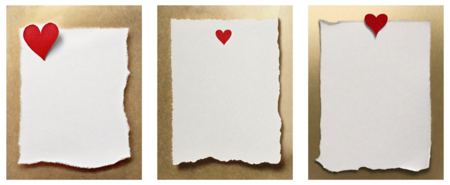 Blank white sheet of paper on gold background with red heart for greetings for Valentine's Day, birthday and Mother's Day.