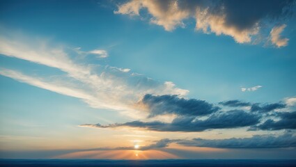 Naklejka na ściany i meble Blue shattered cloud sky background sundown view with sunlight at sunset twilight generative ai