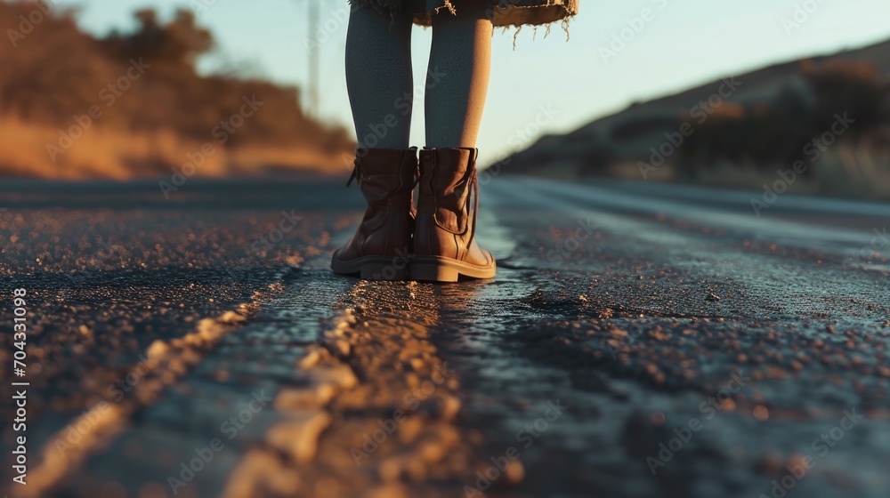 Poster A person standing in the middle of a road. Suitable for concepts related to solitude, decision-making, and self-reflection. Can be used in various projects