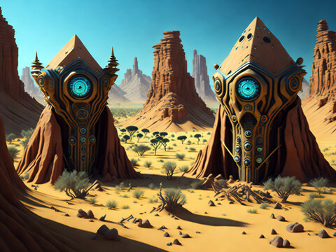 A desert oasis guarded by sandstone golems with eyes that gleam like precious gems, Fantasy