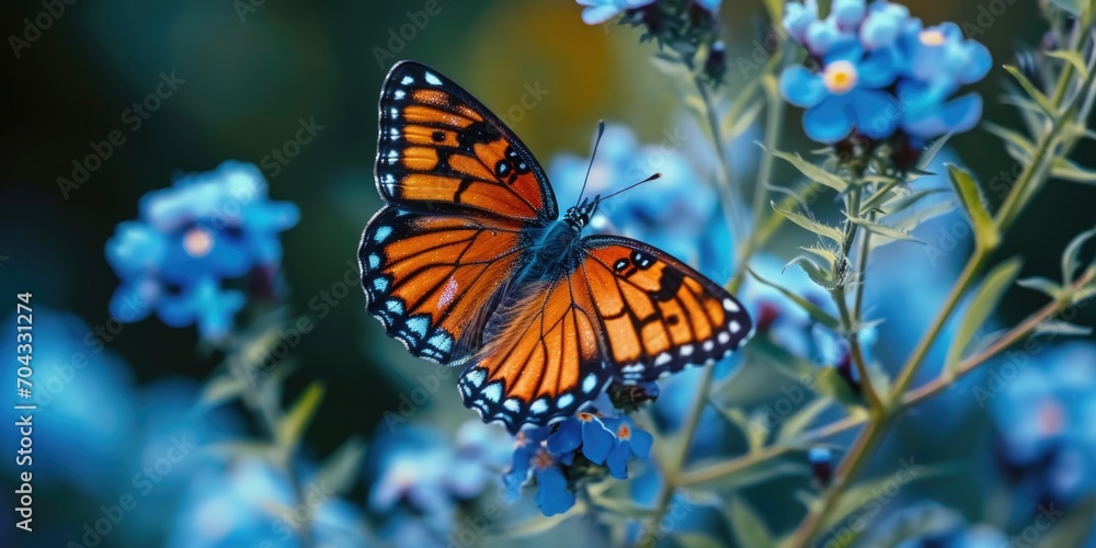 Poster a beautiful butterfly perched on top of a vibrant blue flower. perfect for nature-themed designs or 