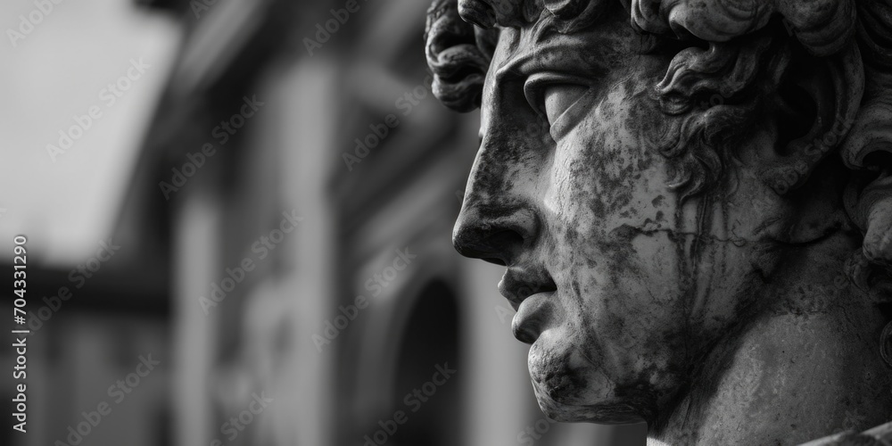 Poster a black and white photo of a statue of a man. suitable for various artistic and historical projects