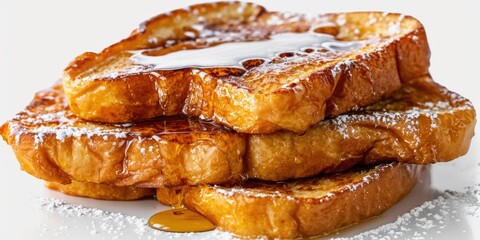 A delicious stack of French toast sitting on a white plate. Perfect for breakfast or brunch.