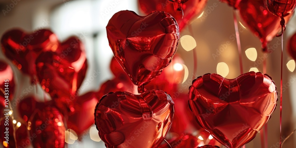 Poster A bunch of red heart-shaped balloons hanging from a string. Perfect for expressing love and affection.