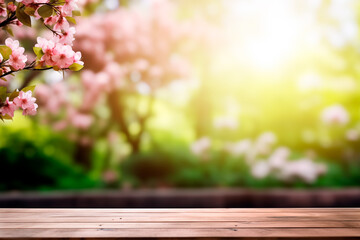 Product display Empty wooden table in front  spring nature bokeh background