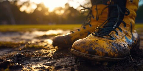 A close-up image of a person's shoes covered in mud. This versatile picture can be used to depict various scenarios involving outdoor activities, nature exploration, or messy situations