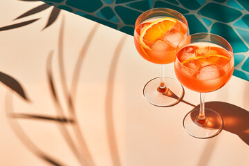 Cocktail aperol spritz on the tiles edge of the pool, shadows overlay