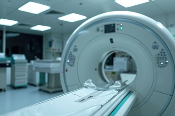 A medical room featuring an MRI machine in the foreground. Suitable for healthcare and medical concepts