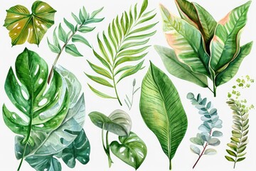A collection of vibrant watercolor paintings depicting various tropical plants and leaves. Perfect for adding a touch of nature to any project or design
