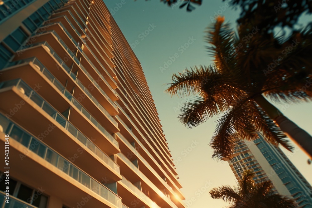 Poster a picture of a tall building with palm trees in front of it. suitable for travel brochures or citysc