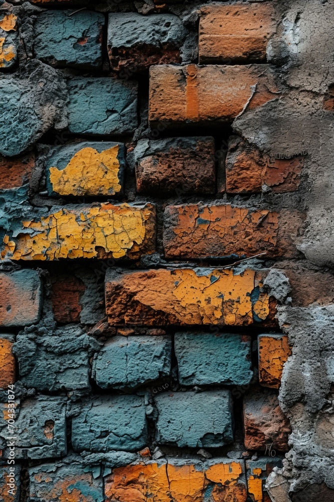 Poster A brick wall that has been painted in vibrant orange and blue colors. This image can be used to add a pop of color and texture to various design projects