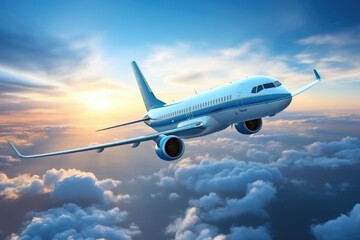Obraz premium A modern airplane soars through a majestic sky, surrounded by billowing clouds, a testament to human innovation.