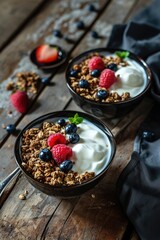 A delicious and healthy breakfast option, two bowls of granola are served with creamy yogurt and fresh berries. Perfect for starting your day off right.