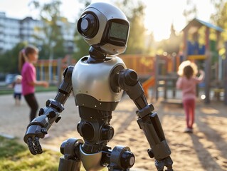 Fototapeta premium A friendly AI-powered robot guarding children in an outside playground