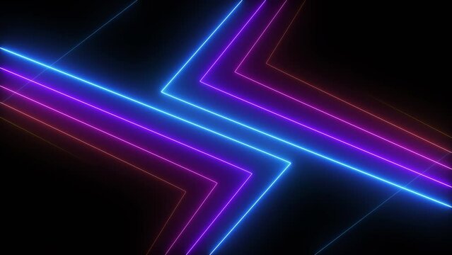 Abstract neon light motion background with glowing lines in blue, purple, yellow. Seamless looping animation
