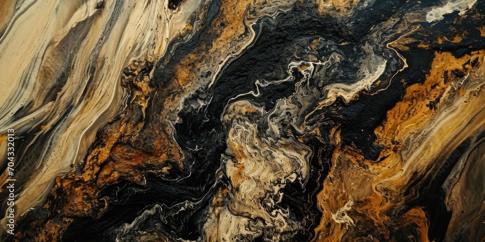 Poster A detailed view of a painting featuring black and gold colors. This image can be used to add elegance and sophistication to various design projects